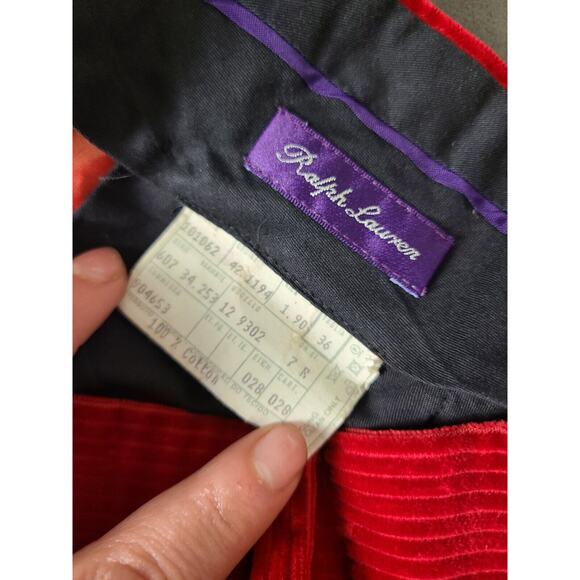 VINTAGE 90S POLO RALPH LAUREN CORDS CORDUROY FLAT FRONT RED TROUSERS 36 - Picture 13 of 13